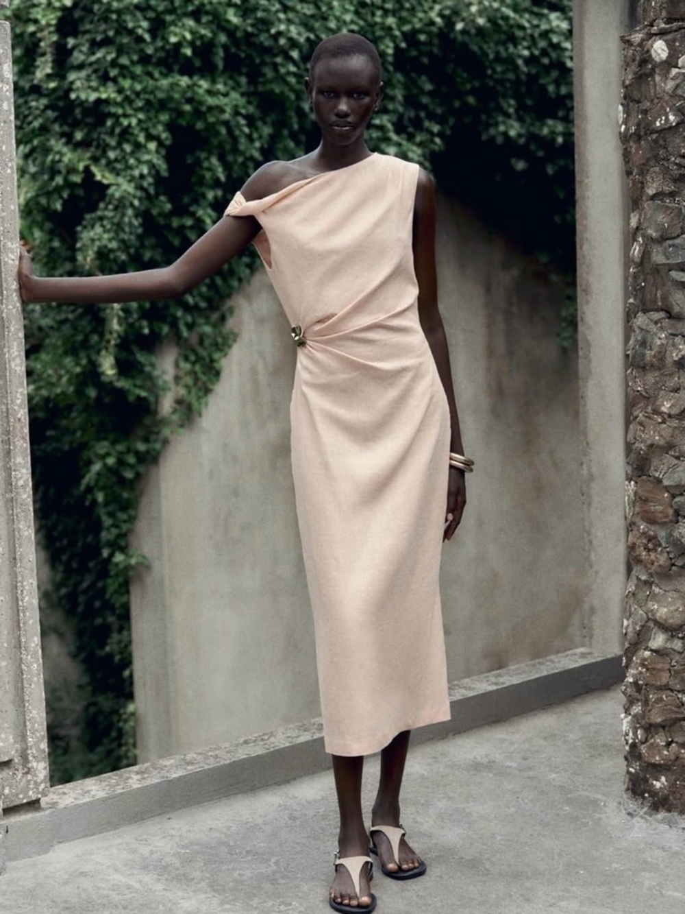 Zara Asymmetric Linen Blend Midi Dress Gold Appliqué Coral Pink Size S